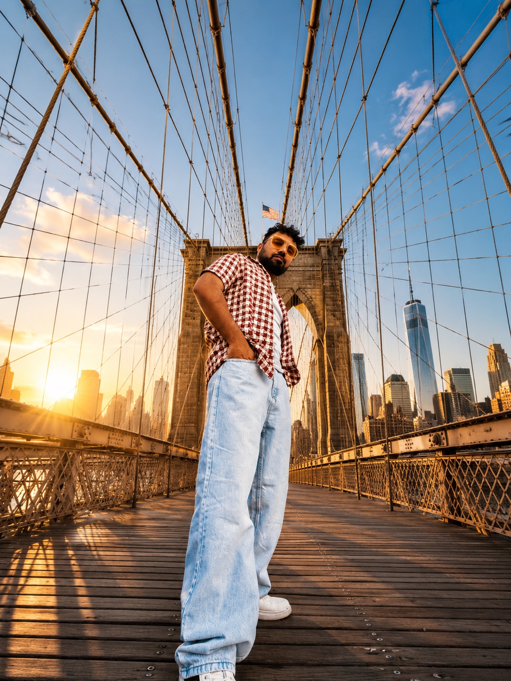 Mobeen Akhtar laughing on the Brooklyn Bridge at sunset