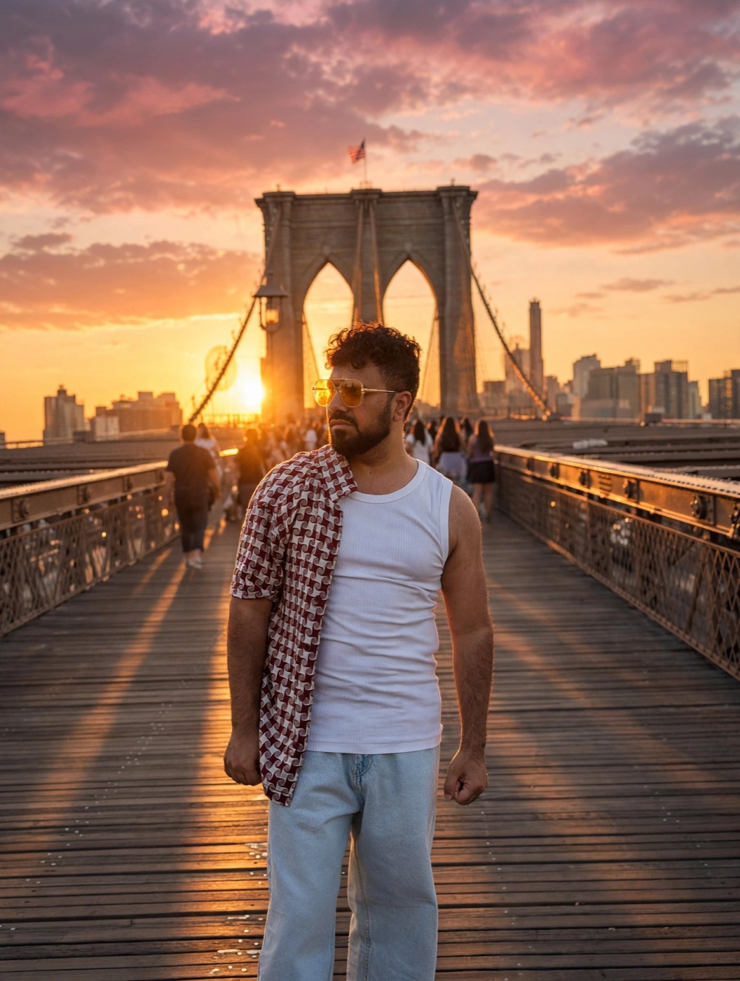 Mobeen Akhtar walking the Brooklyn Bridge at sunset, New York skyline behind him